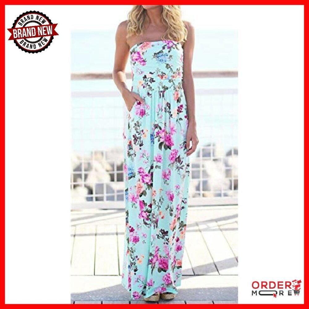 Strapless Tube Top Maxi Dress with Pockets - Floral Boho Beach Dress - Picture 3 of 4